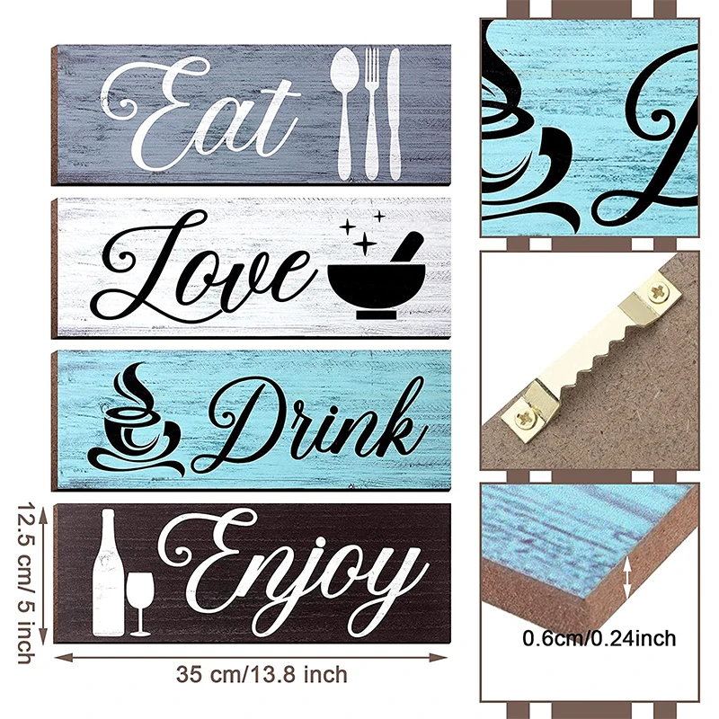 4 Pieces Vintage Rustic Wall Mount Wooden Sign For Home Dining Living Room Restaurant