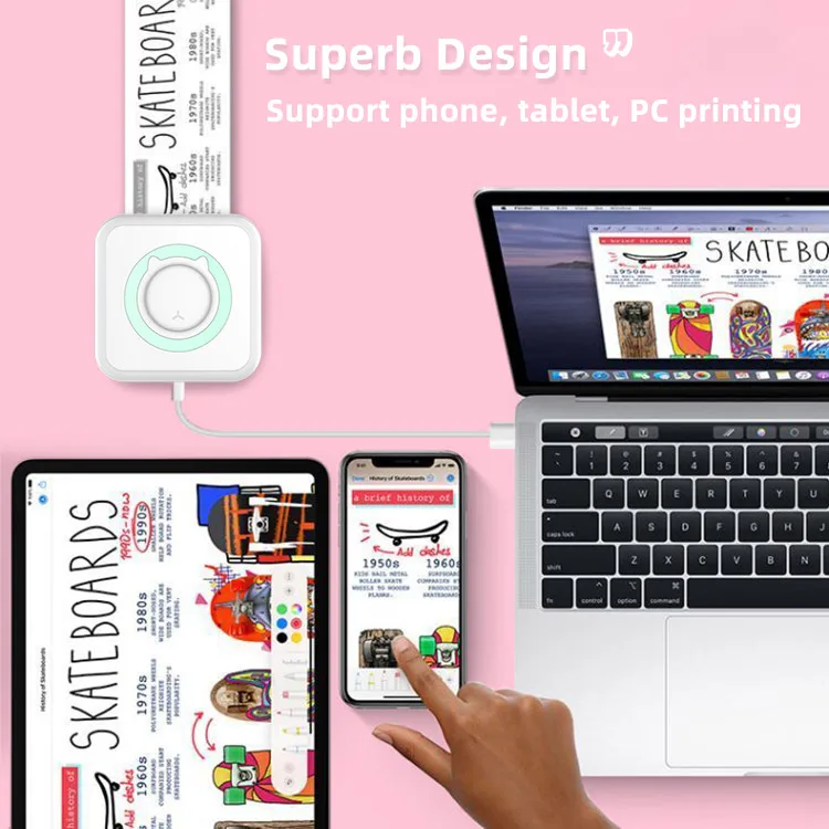 Portable Mini Thermal Printer Wirelessly BT 203dpi Photo Label Memo Wrong Question Printing With USB Cable Imprimante Portable