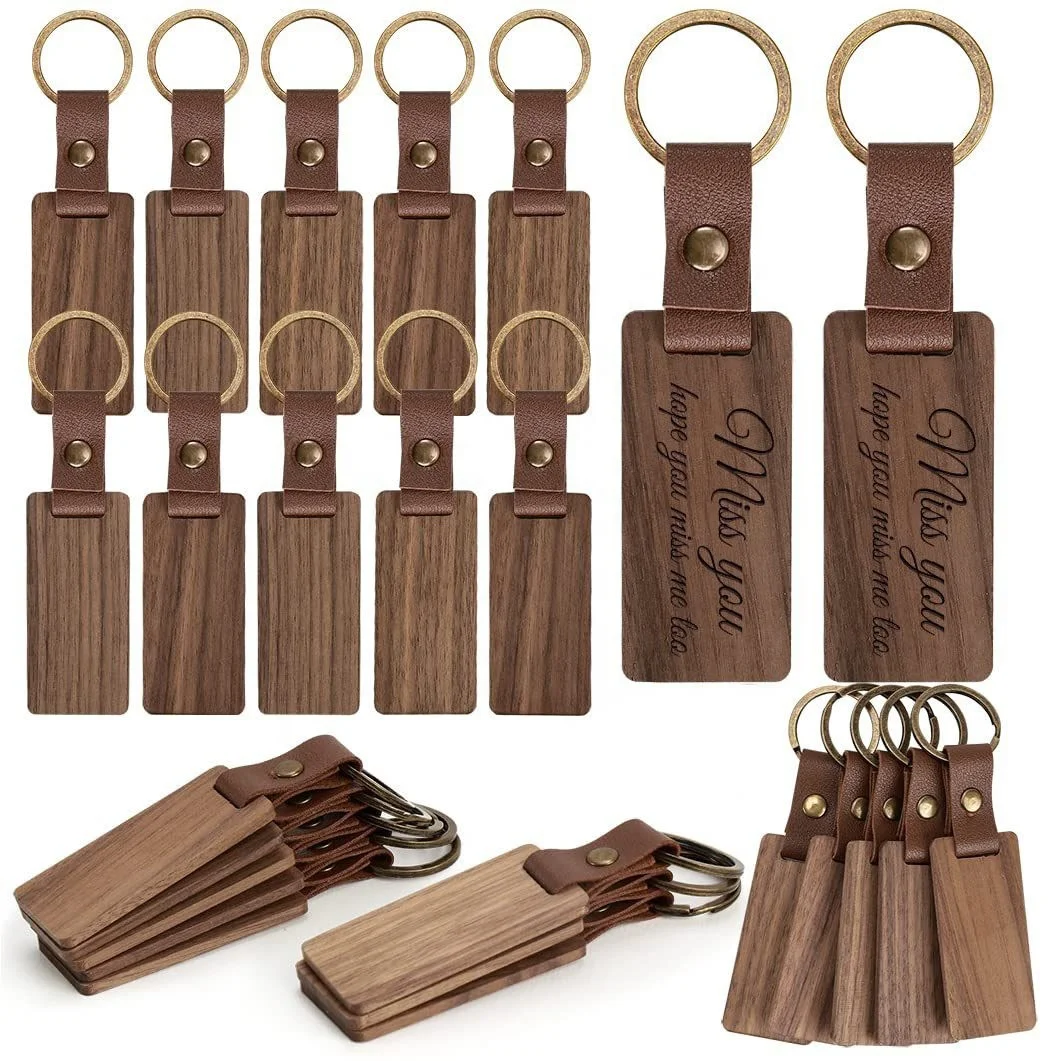 Wood Keychain Blanks Leather Wood Keychain Blank Unfinished Blanks with Leather Strap Keychain Easy Install Easy to Use