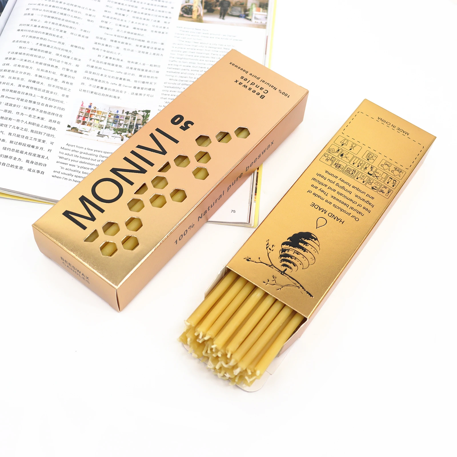 Custom Thin Long 6.3 Inch / 7.3 Inch 100% Natural Beeswax Prayer Taper Candles Religious Smokeless Pure Beeswax Candles with Box