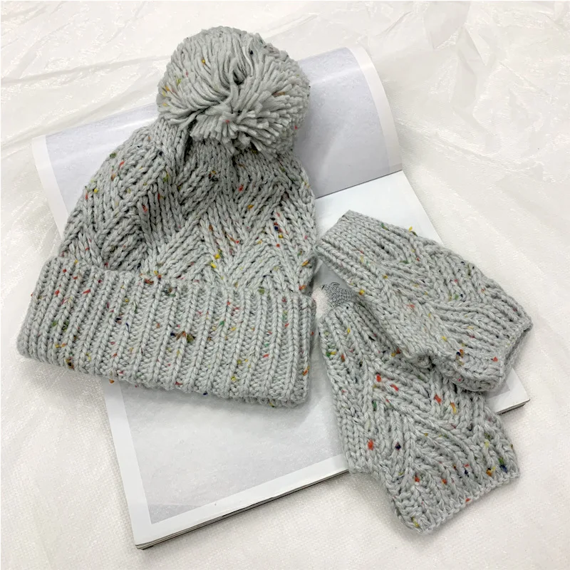 Rainbow Beanie Mitten Set for Women Wholesale 2PCS A Set Warm Knitted Winter Pompom Hat with Matching Gloves