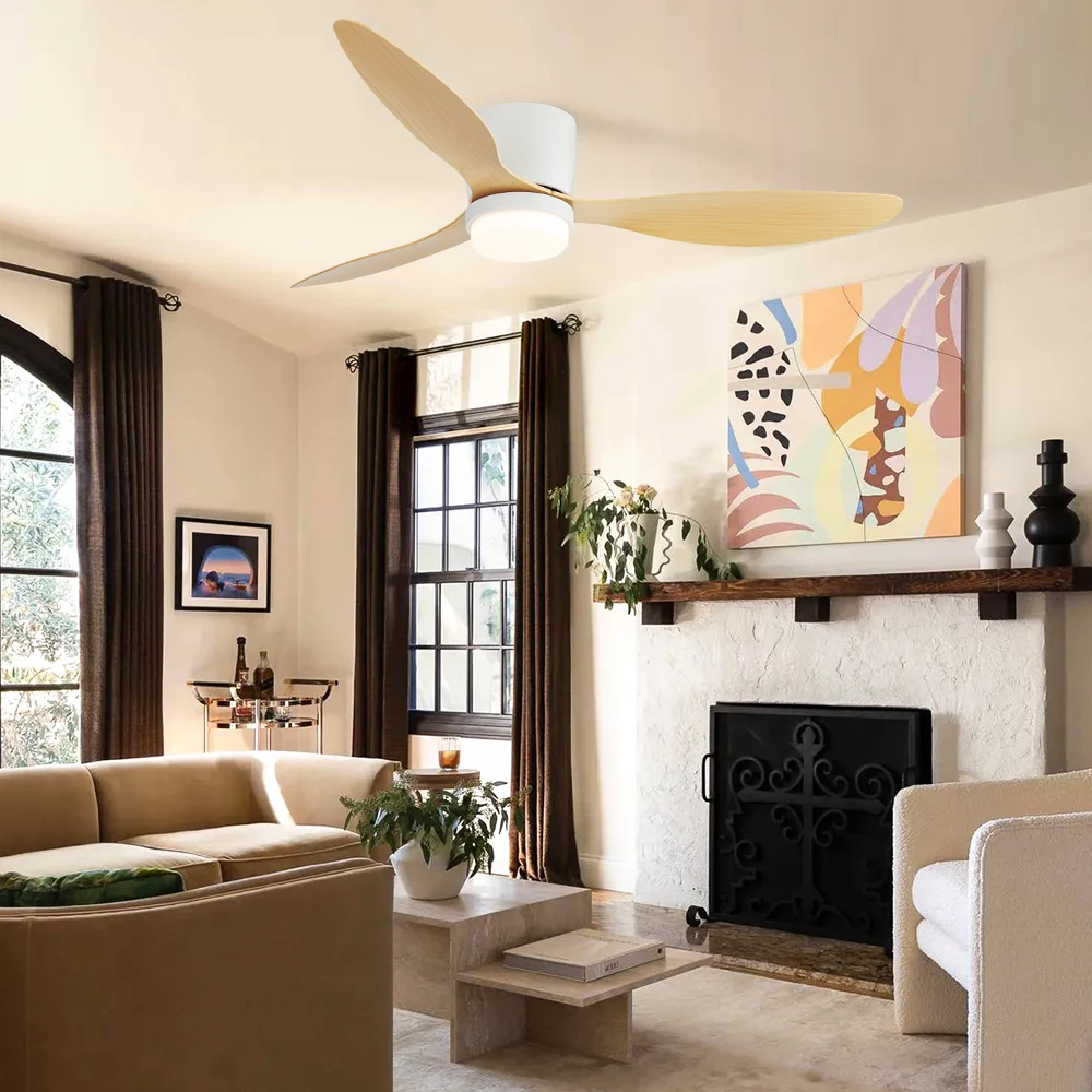2024 New Ceiling Fan Bedroom Decorative Natural Wood Blades Inverte 3 Color LED Light Ceiling Fan With Remote