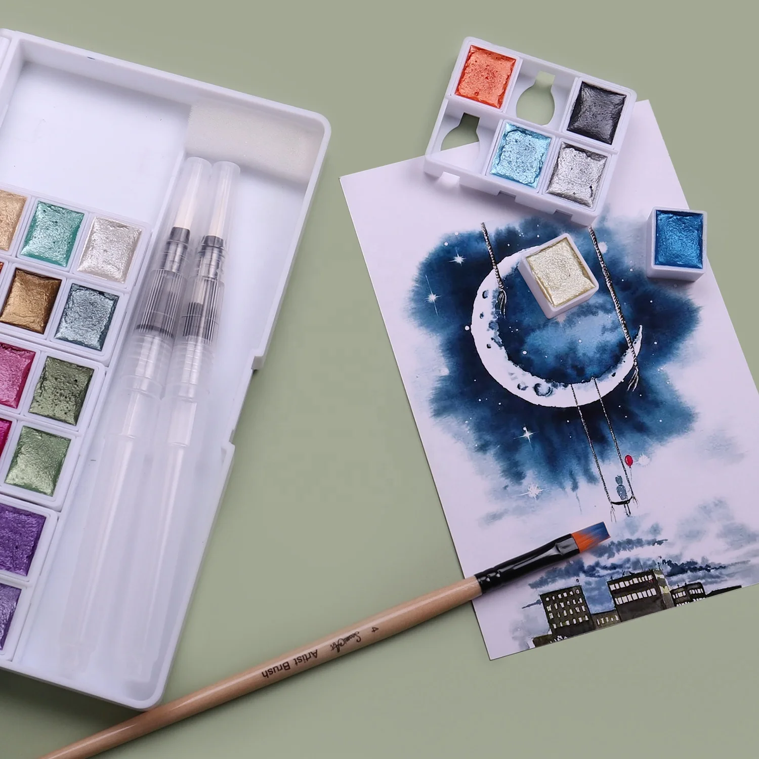 seamiart 24 Color Glittery solid watercolor kit pearl metallic paint pan Set with 2pc water brushpen &Palette acuarelas aquarela