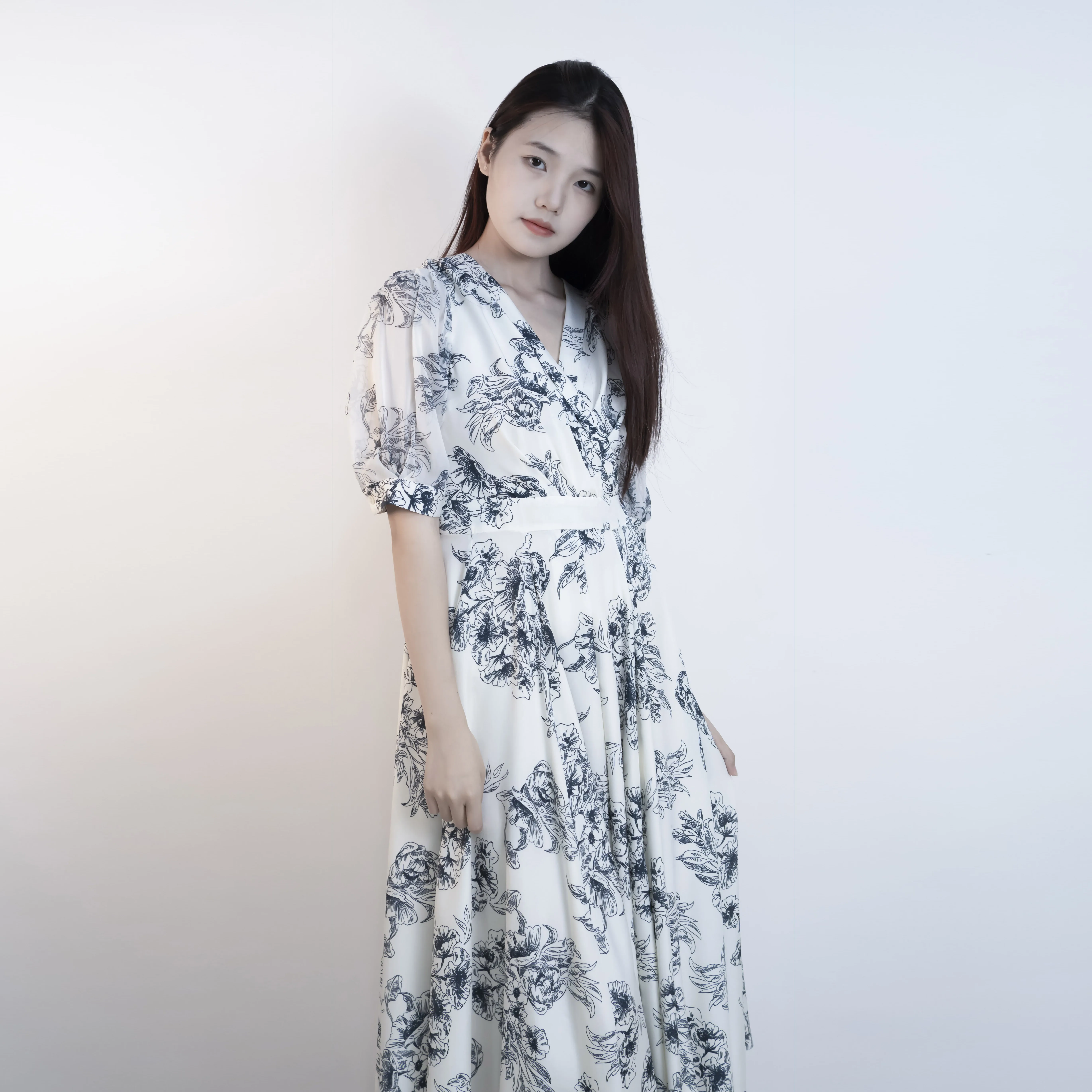 Chinese ink style flower silk chiffon women midi dress elegant style casual wear