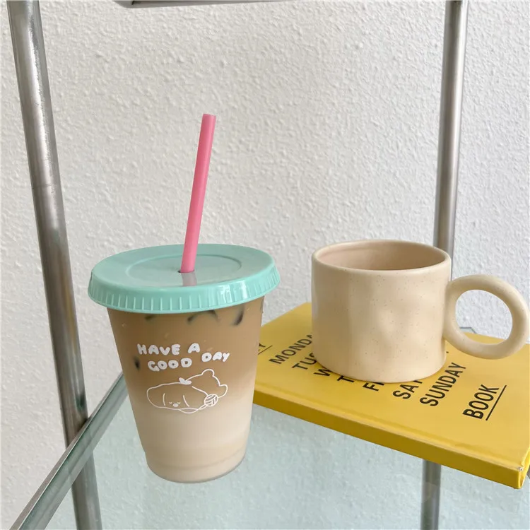 High Quality Korean Style Factory Customized Colorful Home Drinking Ware With Cover Straw Cute Printing Outdoor Coffee Cup