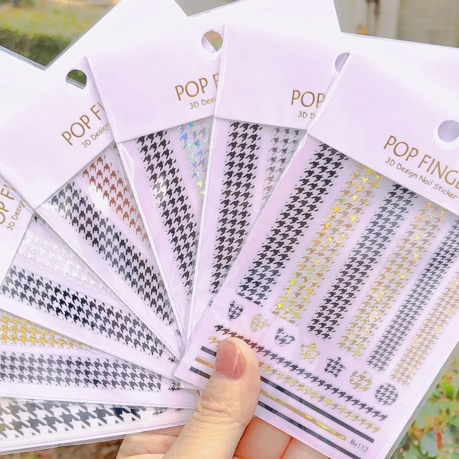 Qianya 2024New Design Black and White Plaid Nail Sticker Women Velvet houndstooth style nail art stickers DIY Strip Nail Decals