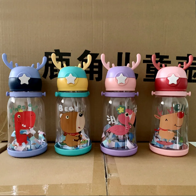 2024 new style kids children cartoon character plastic silicone water bottle with neck belt for sport