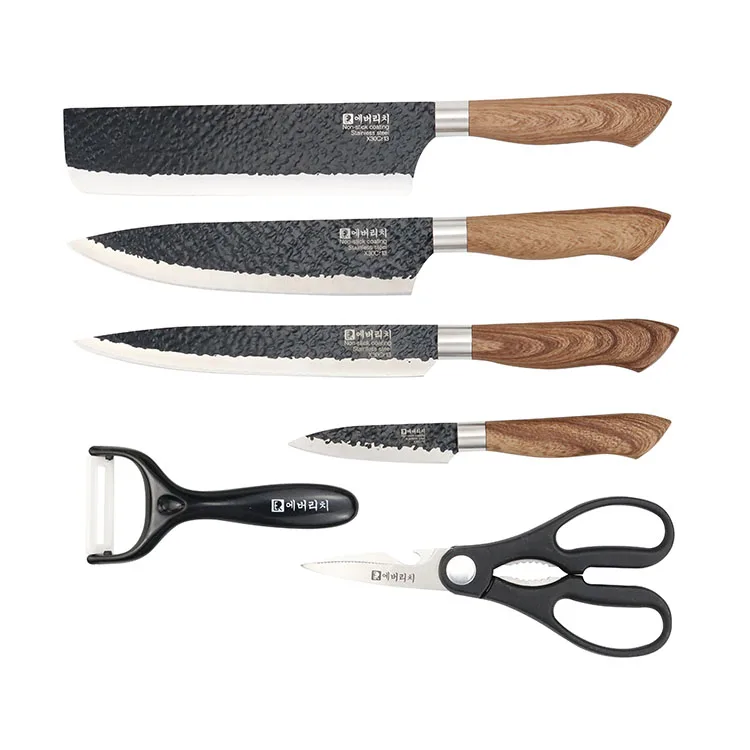 EVERRICH 6pcs kitchen knives set with wave and scissor/ peeler kitchen knife accessories black color non-stick knife box packing
