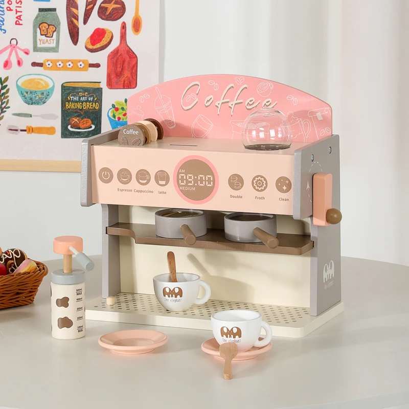 Kids Educational Wood Maker Role Play Kitchen Simulation Wooden Coffee Machine Toy