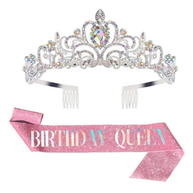 Girl etiquette with crown hairband suit, alloy full drill band ribbon, birthday party costume props.