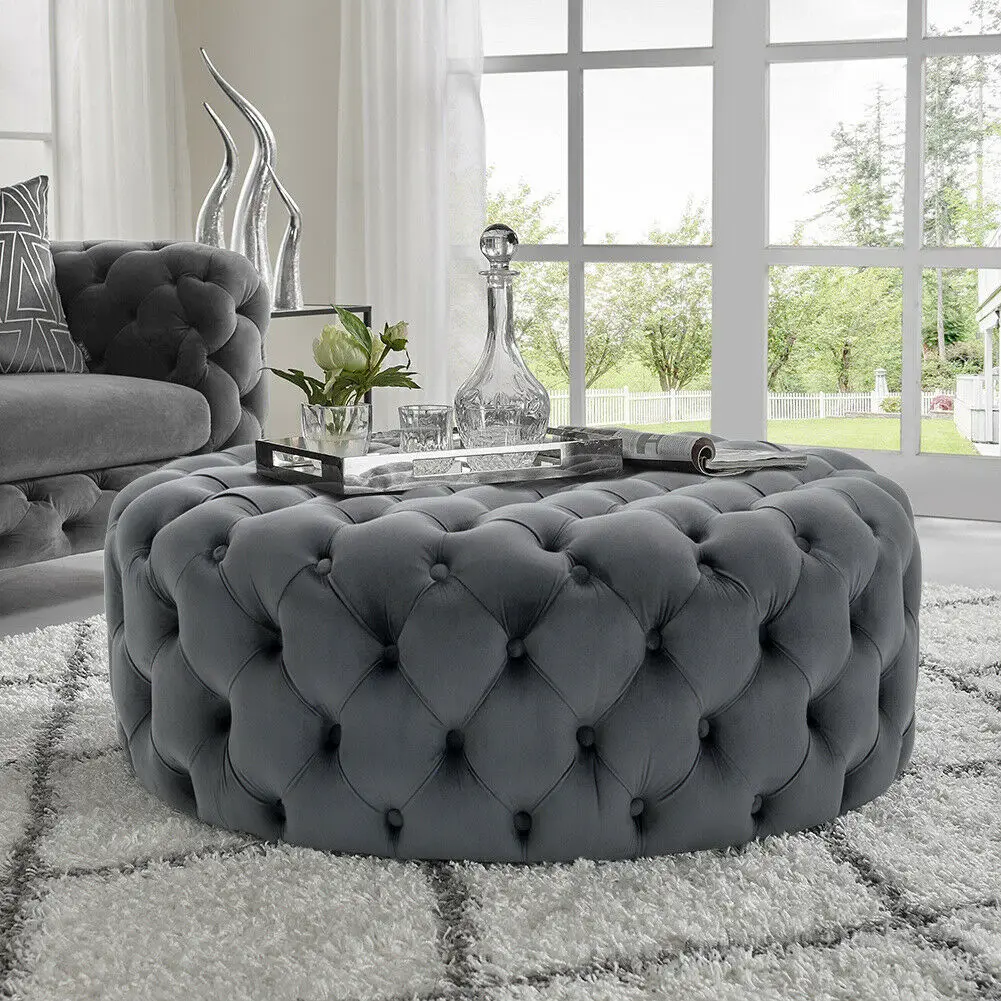 
Velvetr fabric upholstered round cube lounge pouf ottoman stool 