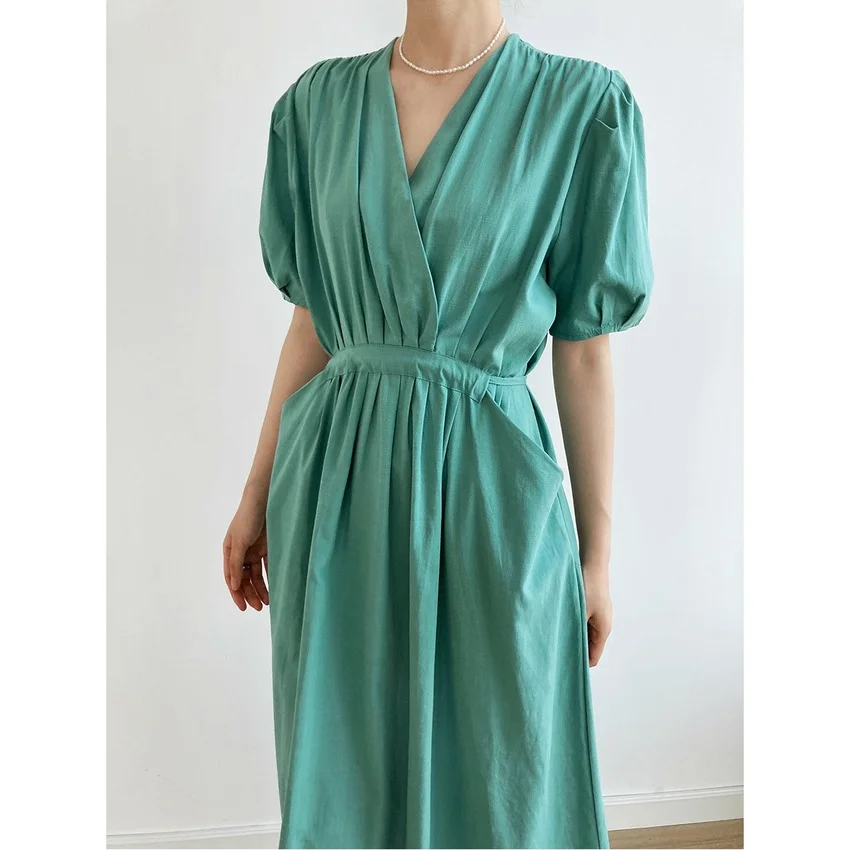 Oversized Elegant Women Summer Sundress Fashion Simple Puff Sleeve Solid Color Long Shirt Dress Vestidos Femme Cotton Dress