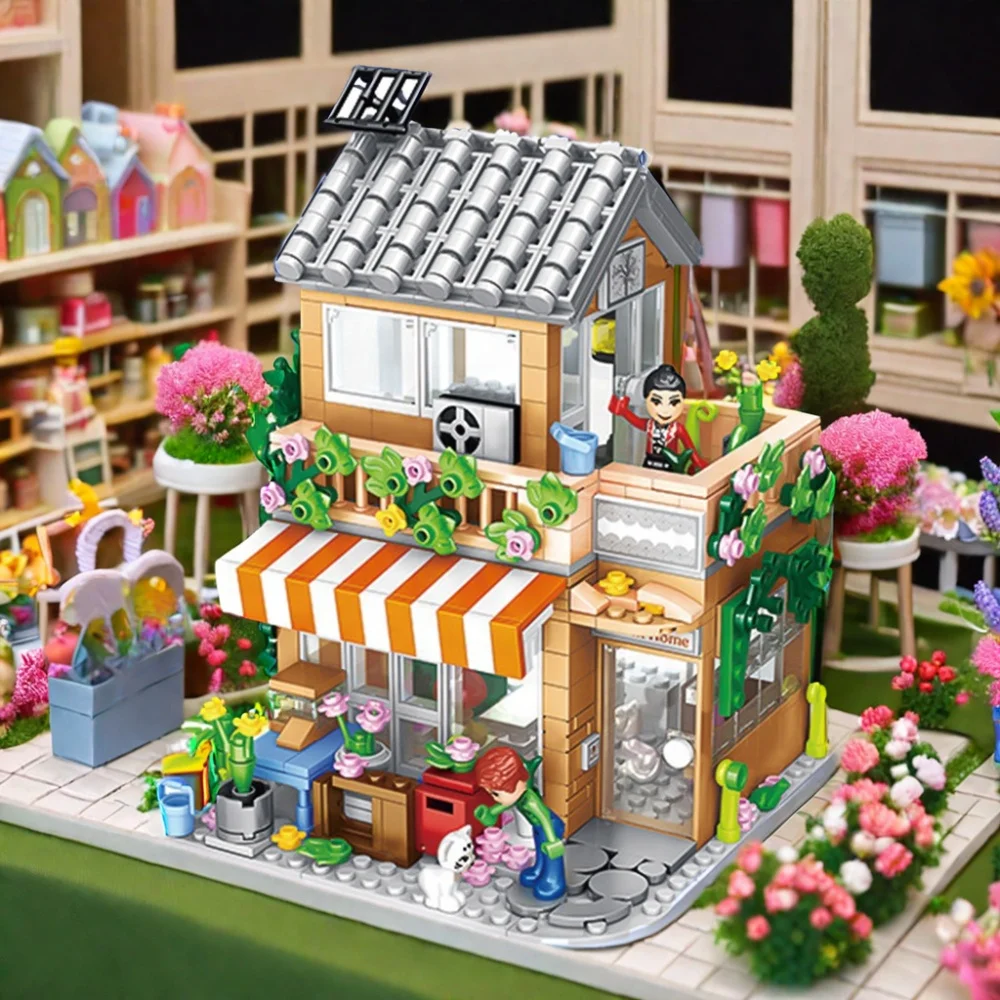 Urban Lighting Street Model DIY Assembly Building Blocks Creative Educational Toy Children Flower Shop Coffee Shop