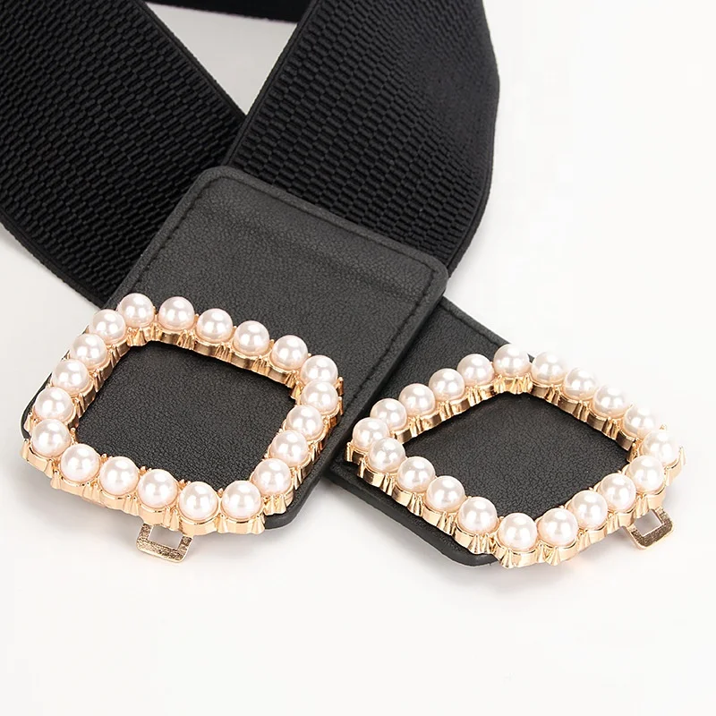 Pearls Square Buckle Belts for Women Adjustable Elastic Waist Belts Ladies Waistband for Jeans