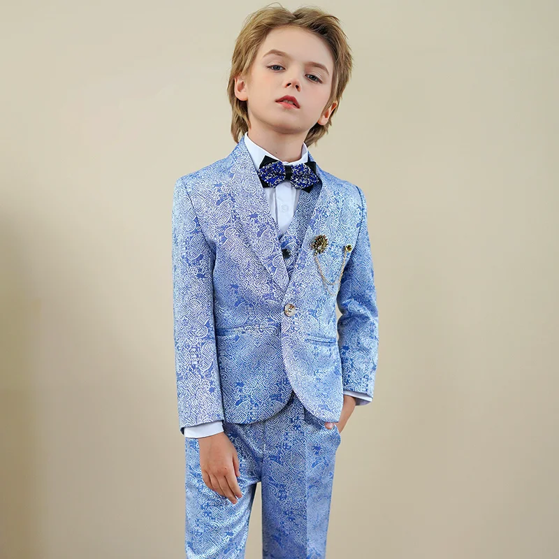 Blue Jacquard Fabric Vintage Boys Wedding Party Suits Children Formal Blazer Wear Coat Outwears Jackets Kids Clothing Sets