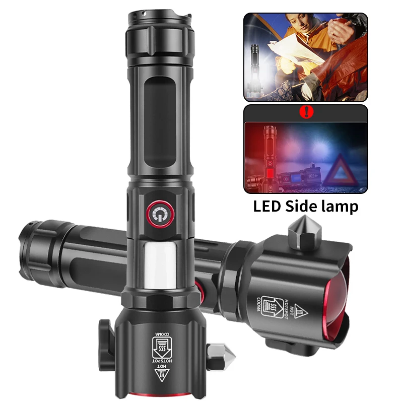 Type-C Charge Super Bright LED Flashlight with Safety Hammer Side Light Torch Light Portable Lantern Outdoor Adventure Lighting