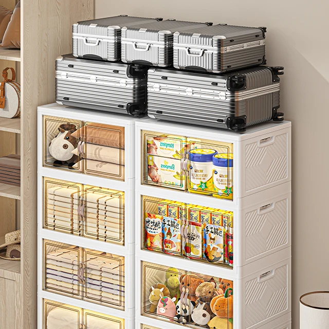 Rmier DIY Easy Installation Double Door Stackable Clear Window Foldable  Plastic  Cabinet For Baby Clothing Wardrobe with Wheels