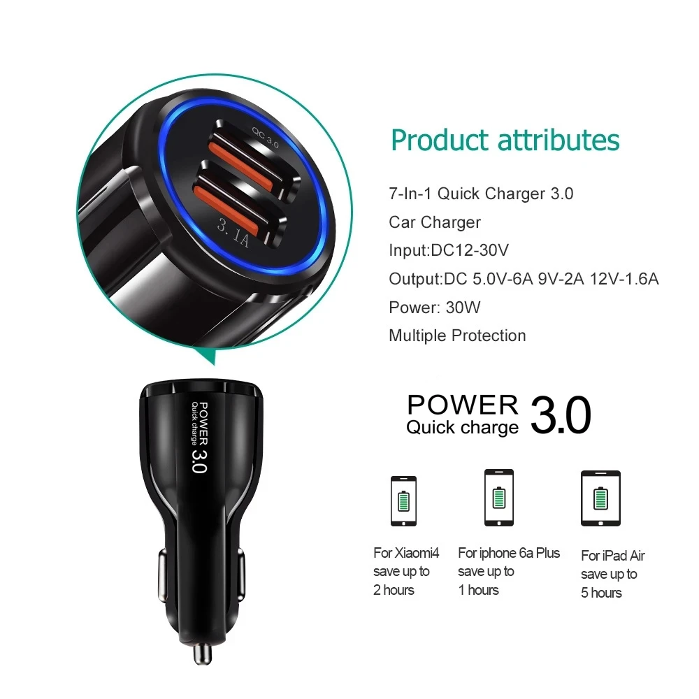  Прямая продажа с фабрики 30 Вт Быстрая зарядка QC 3 0 Автомобильное зарядное устройство Mini Dual Usb со