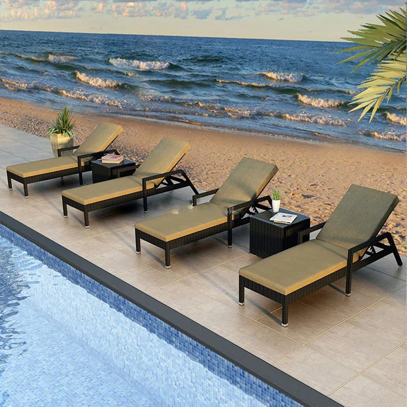 Outdoor balcony lounge rattan outdoor patio swimming pool reclining bed rattan woven beach chair sun loungers
