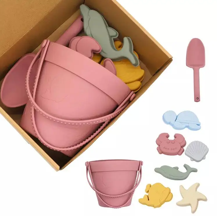 BPA FREE Portable Silicone Sand Bucket Toys Customized Silicone Beach Toys Silicone Bucket Pail and Spade sets