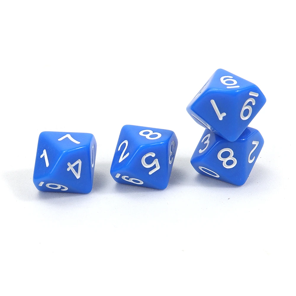 Factory supply d10 polyhedral bright blue dice white number 1 to 10 bulk eco friendly acrylic custom color for casino board game