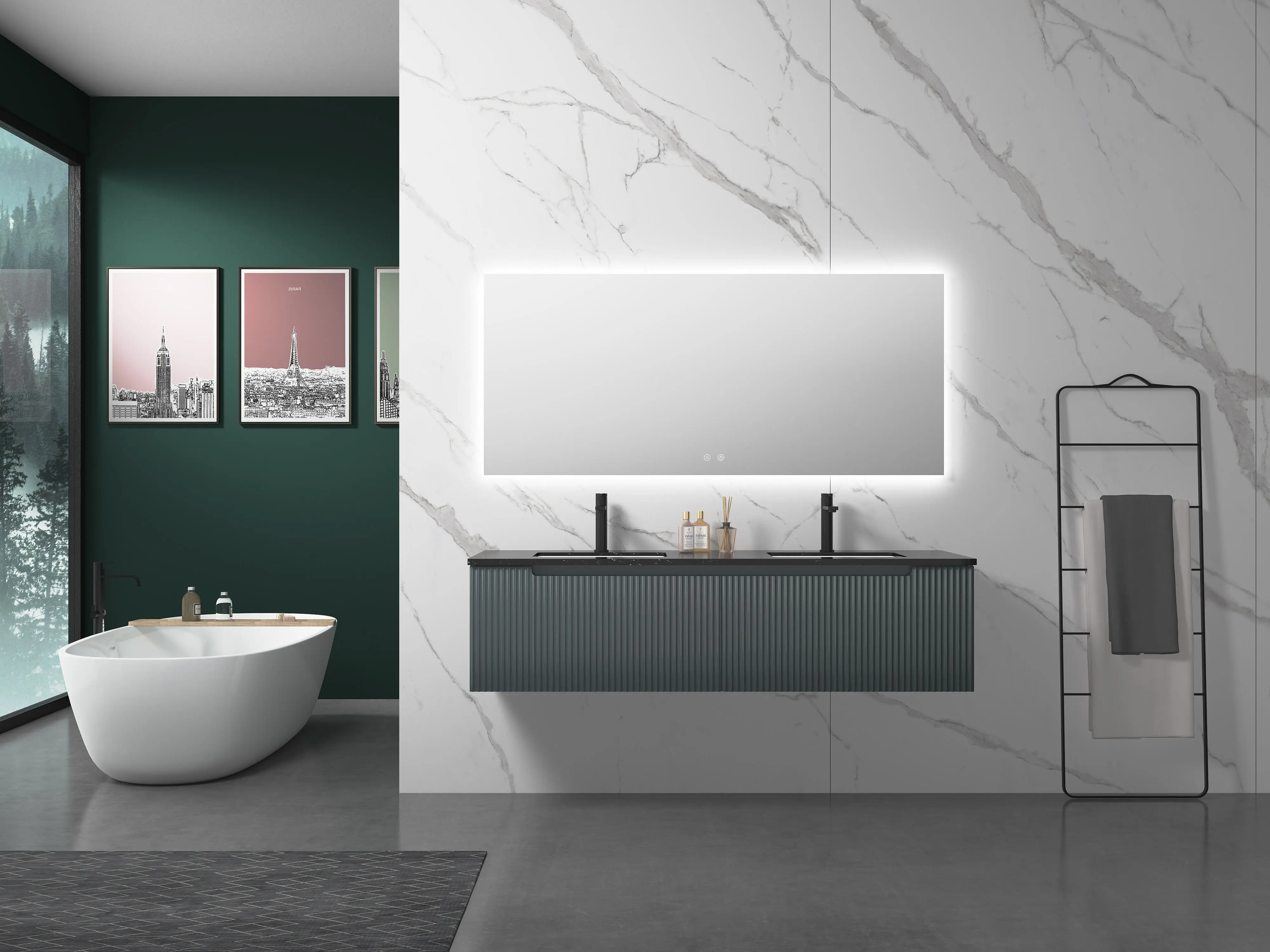 1600mm green ripple effect double sinks bathroom cabinet  AJ3062