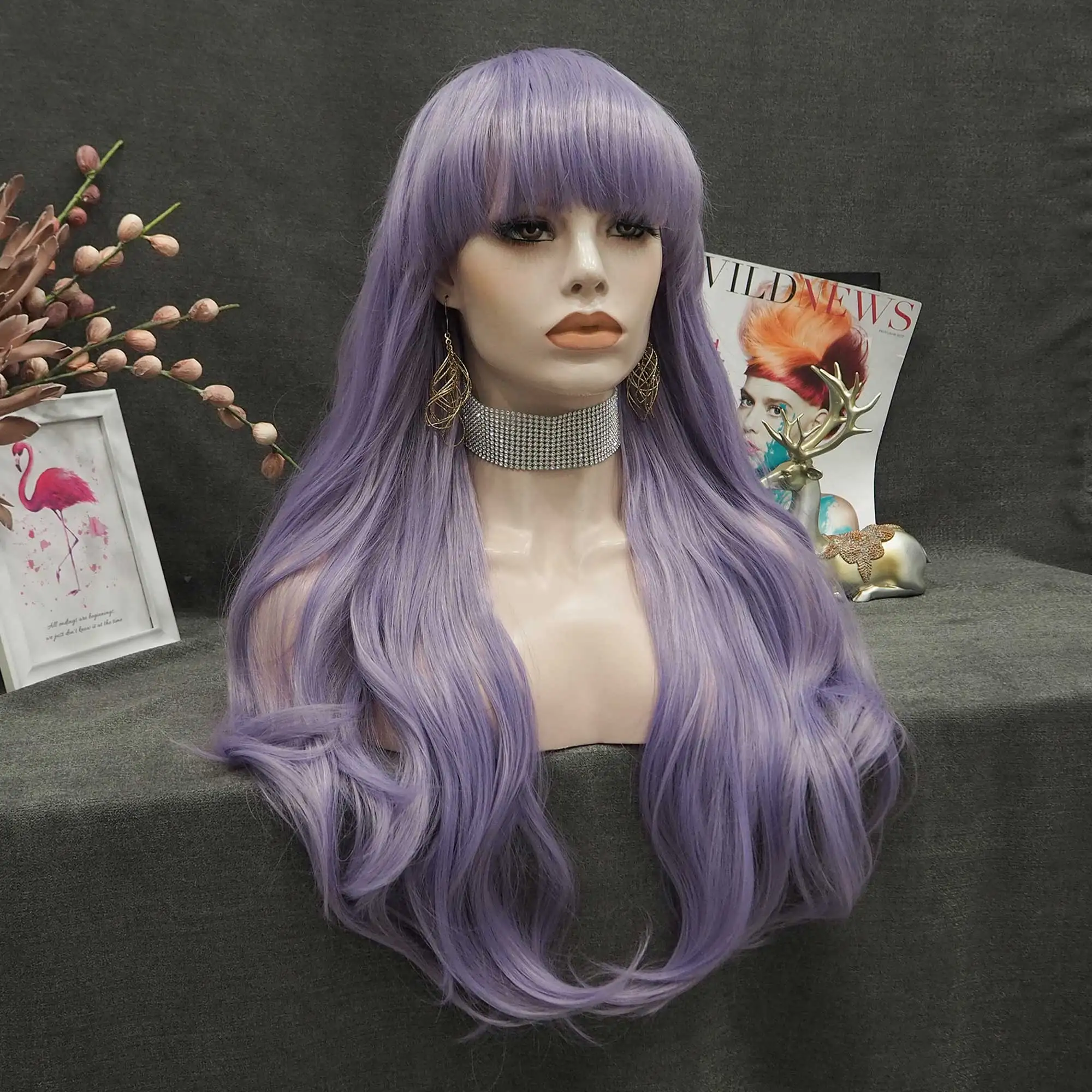 Celebrity Free Sample Cosplay Synthetic Wigs Lavender Purple Color High Temperature Fiber Synthetic Wigs