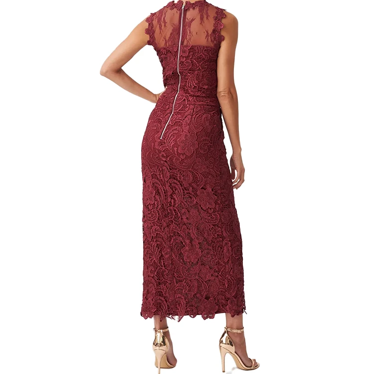 Fashion Women V-neck Sleeveless Black Lace Slit Dress Print Slim Long Party Dress for Ladies