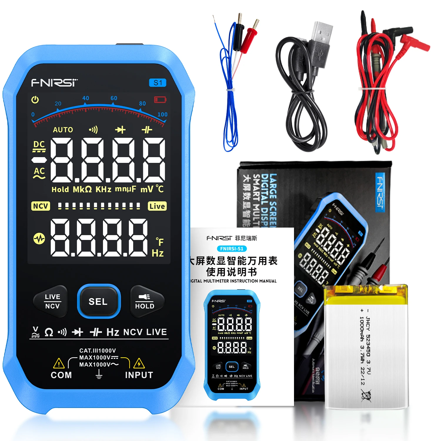 FNIRSI S1 Smart Digital Multimeter 9999counts AC DC Voltage Resistance Capacitance Diode NCV Hz Live Wire Color Display Tester