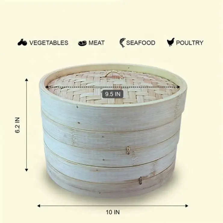 High-Quality Natural Handmade 10 Inch Bamboo Steamer Steam Basket For Dim Sum, Vegetables, Bao Buns & More