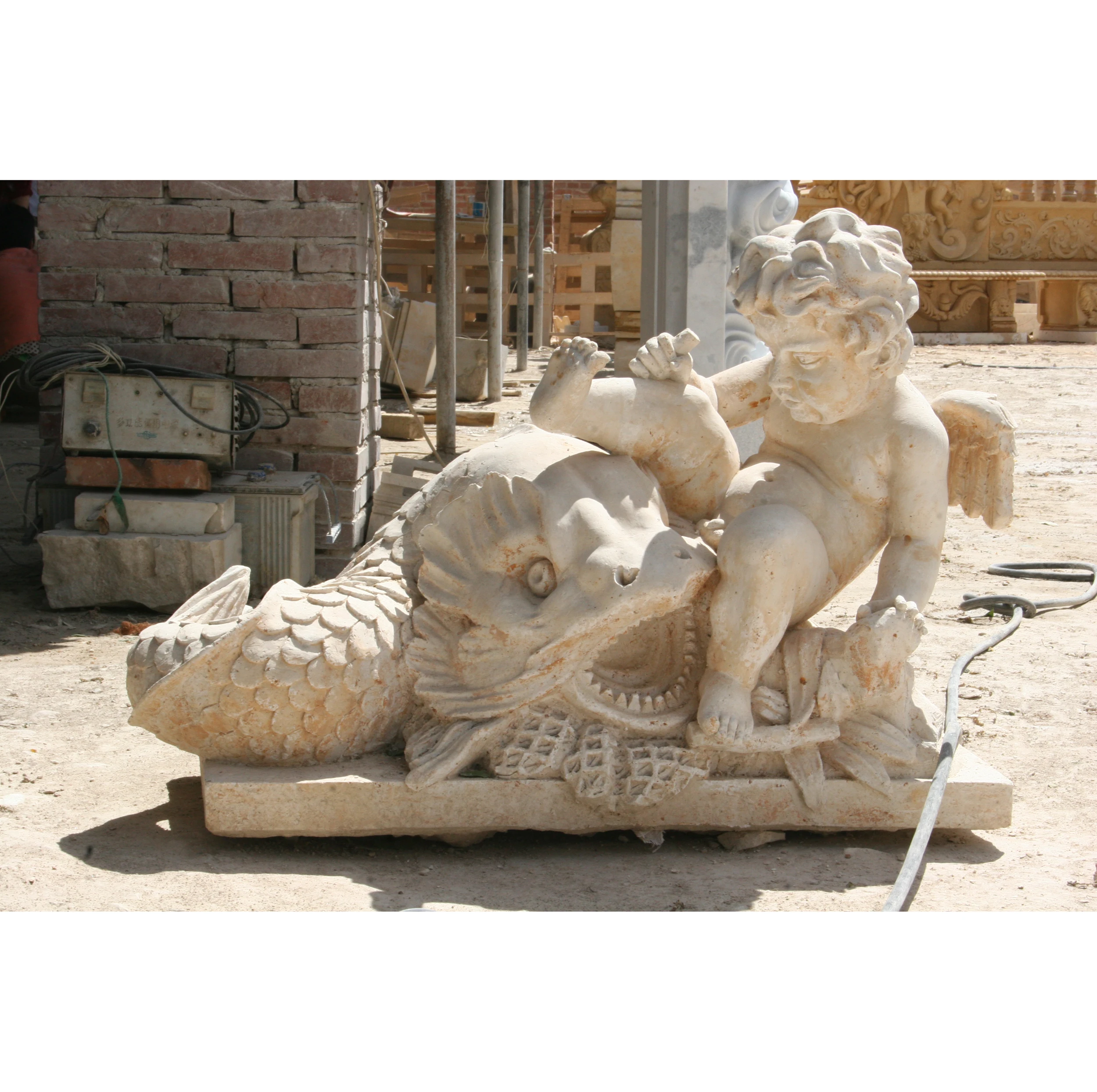 Outdoor Garden Stone Carving Angel Sculpture Nude Kid Boy Marble Statue custom stone display shelf