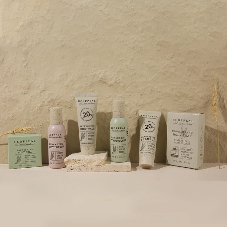 Wholesale Luxury Person Care Travel Kit Cleaning Beauty Formulation Hotel Amenities Wheat Straw Plastic Packaging