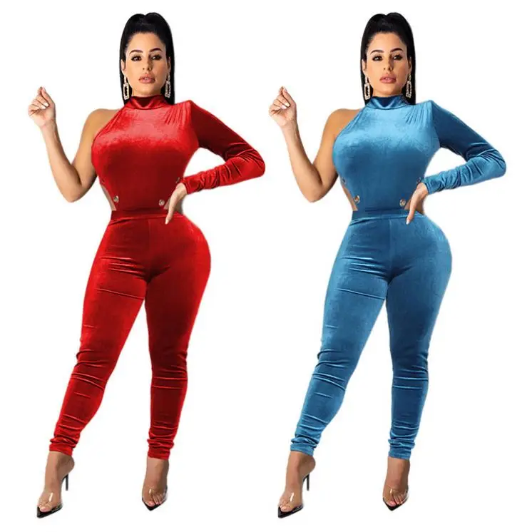 
1219M100 new stylish round neck one shoulder velvet bodysuit and pant Winter Clothes Outfits Women Two Pieces 