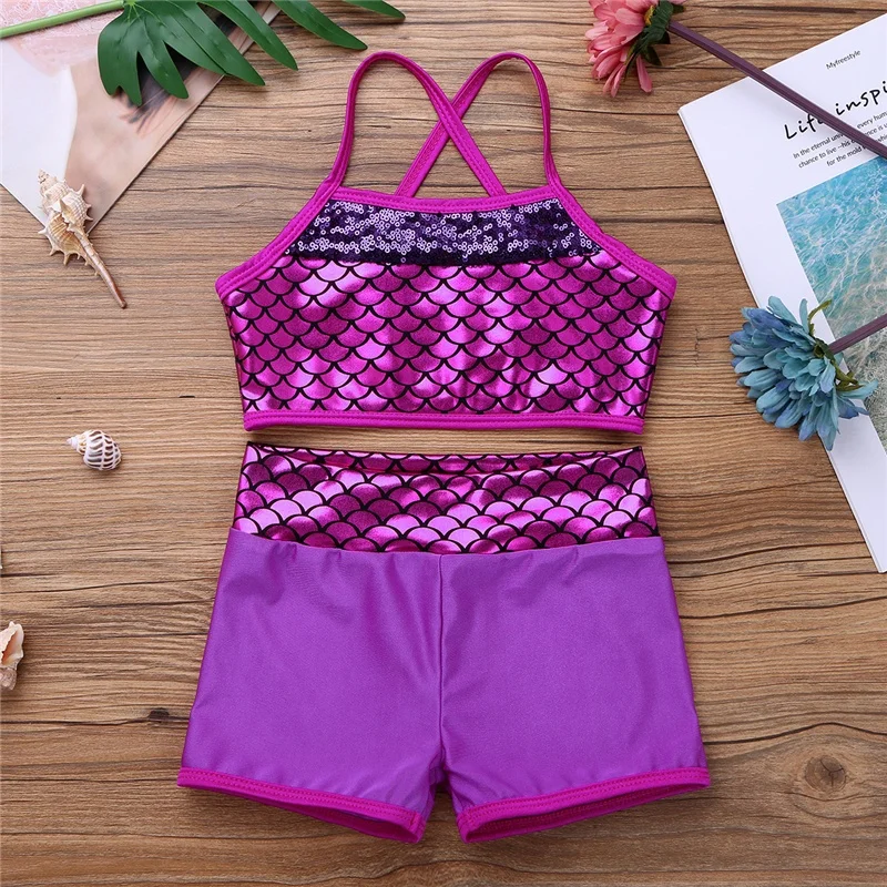Kids Girl Tankini Suit Sequins Mermaid Scales Crop Top with Shorts Set for Gymnastics Leotard Workout Ballet Party Dance Wear