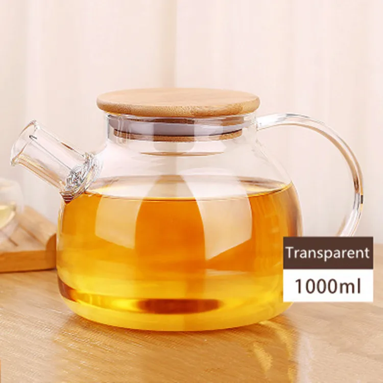 
Wholesales borosilicate glass water jug glass pitcher teapot with bamboo lid and curved handle 