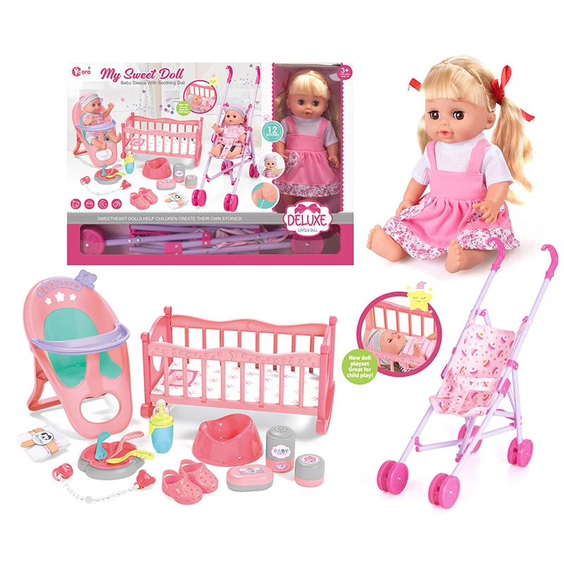 12 Sounds 14 Inch Drinking Water Pee Silicone Baby Reborn Doll Stroller Pretend Play Toys for Kids Girls Dolls Accessories Toys