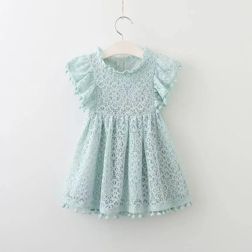Green Horizon Summer Solid Lovely Lace Baby Princess Dresses 3 color Openwork Design Short Sleeve Girl Dress