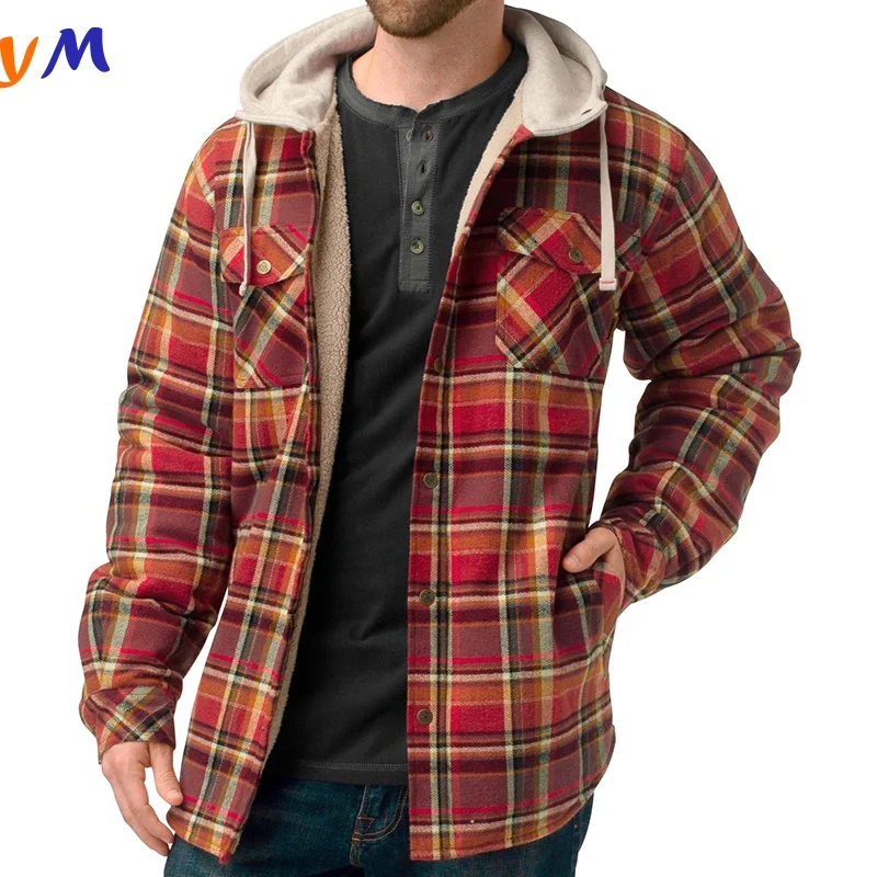 High End Brand Custom Winter Clothing Men Checked Plaid Pattern Buttons Fur Jacket with Cotton Hood and Side Pockets