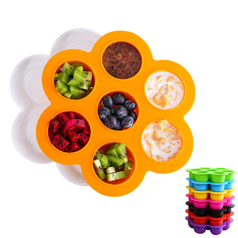Cookware Reusable Stocked Large 7 Grids Silicone Baby Food Container Egg Steamer Ice Cube Tray with Lid