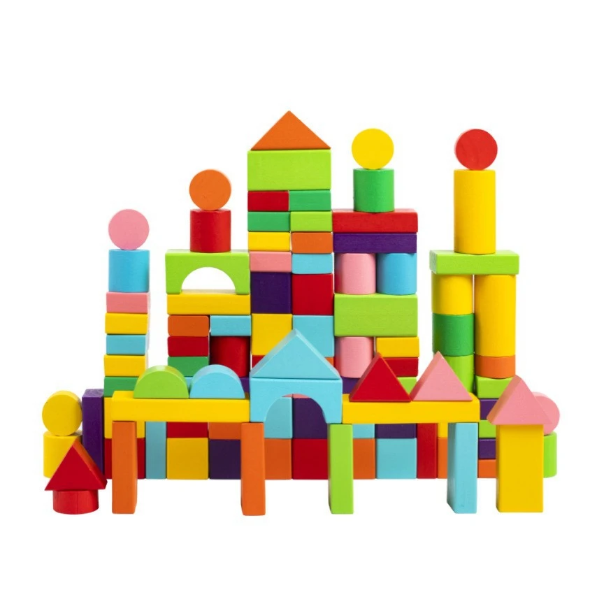 Wooden Building Blocks Set - 100 Blocks in 4 Colors and 9 Shapes,Baby Children Educational Stack Toys