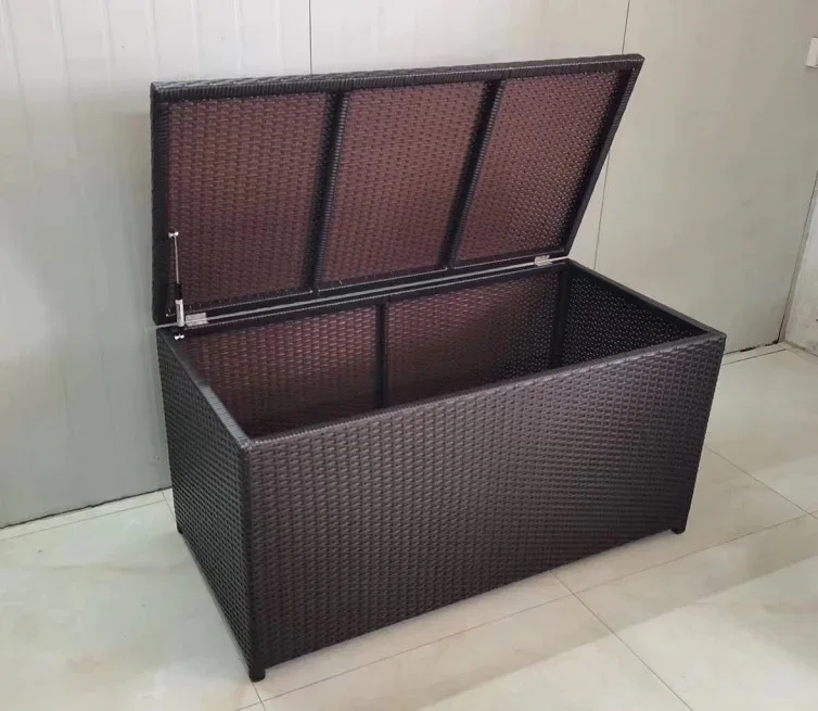 Wicker Storage Bin Metal Frame Rattan Deck Box For Indoor Or Outdoor Garden Organizer With Wheel