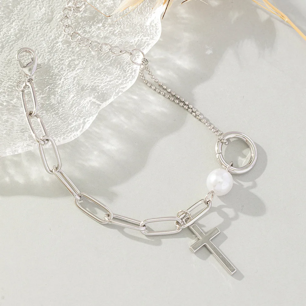 Fashion Cuban 316L Stainless Steel Long Chain Cross Pendant Bracelet Vintage Baroque Pearl Bracelets