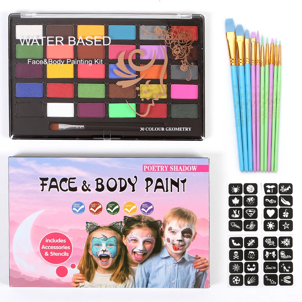 Makeup Dress Beauty Palette with Brush Kit Christmas Face Body Painting 30 Color Kids Flash Tattoo Painting Art Halloween Party