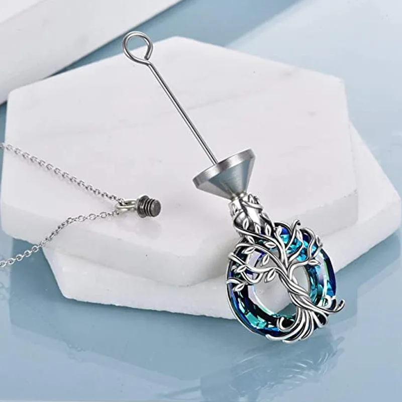 Best-Selling Classic Blue Crystal Life Tree Stainless Steel Pet Ash Pendant Necklace Cross-Border Hot Pet Caskets Urns