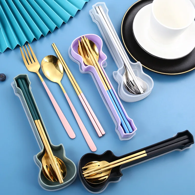 Portable Cutlery 304 stainless steel Korean spoon fork chopsticks guitar box event gift outdoor travel tableware can print log