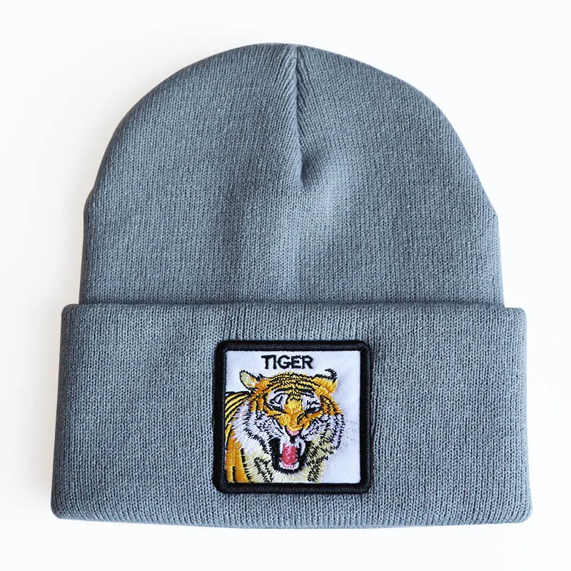 Popular Animal Rooster Embroidery Knitted Hat Deer Fox Wolf Elephant Tiger Shark Scorpion Sleeve Ski Cap Winter Cold Beanie