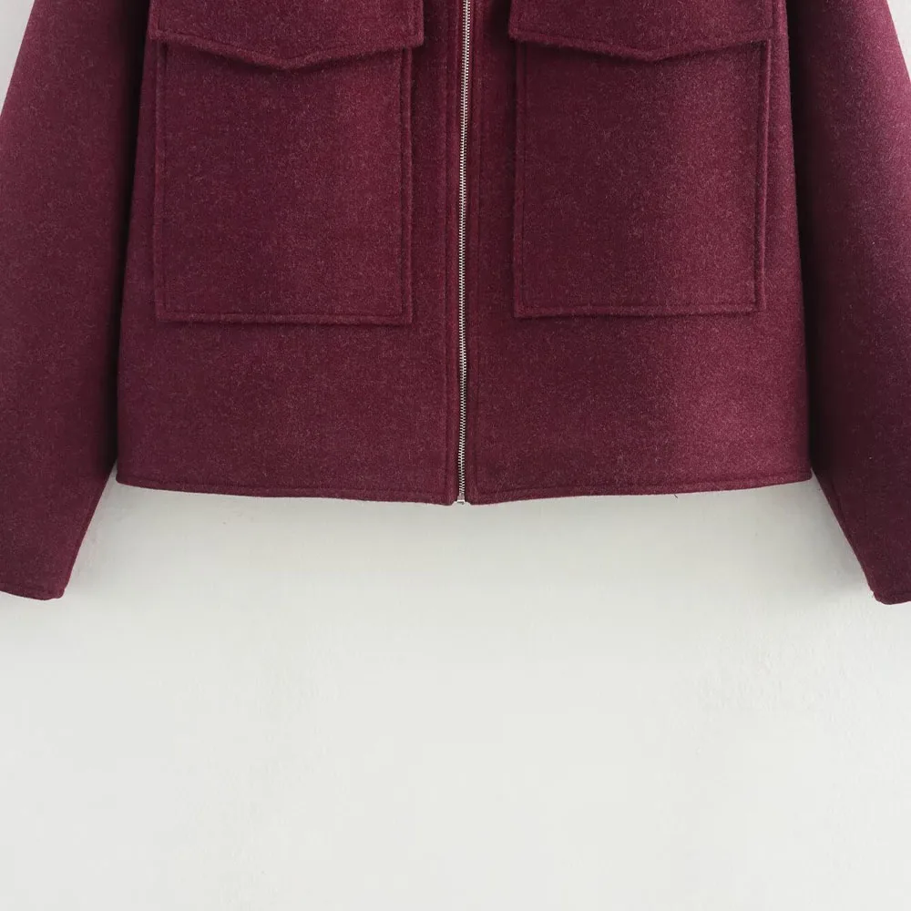 PB&ZA Women 2024 Autumn New Fashion Burgundy Pocket Zipper Wool Coat Vintage Long Sleeve Female Outerwear Chic