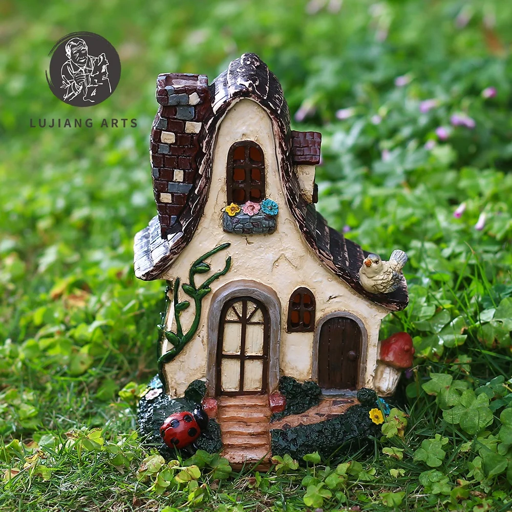 7.8 inch Village Cottage Statue Resin House Sculpture Decoration Fantastic Red Village Cottage Figurine Garden Gift