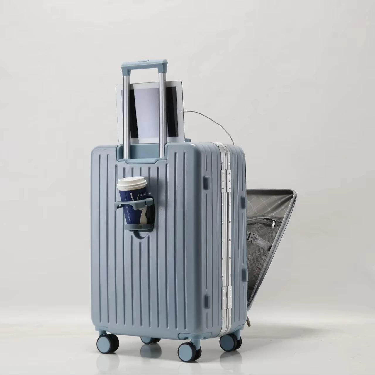 Factory custom rotary Luxury travel airport luggage installed front opening Abs luggage