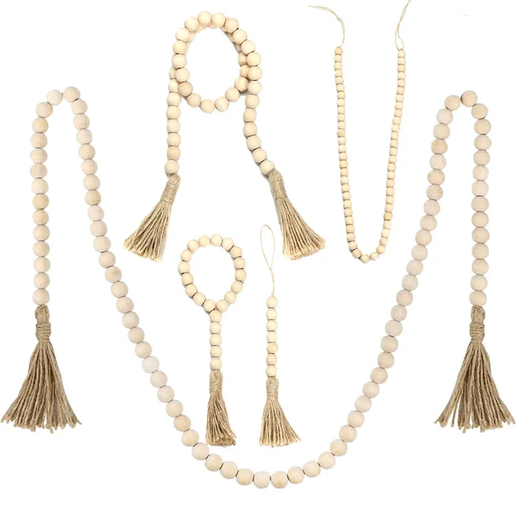 Wood Beads Garland with Jute Tassels Rustic Natural Wooden Bead String Wall Hanging for Far Simple for Christmas White Party OEM